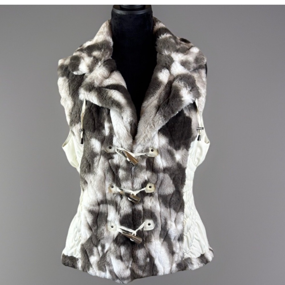 Montana Co Womens Grey White Faux Fur Toggle Vest Smocked Sides Size Large